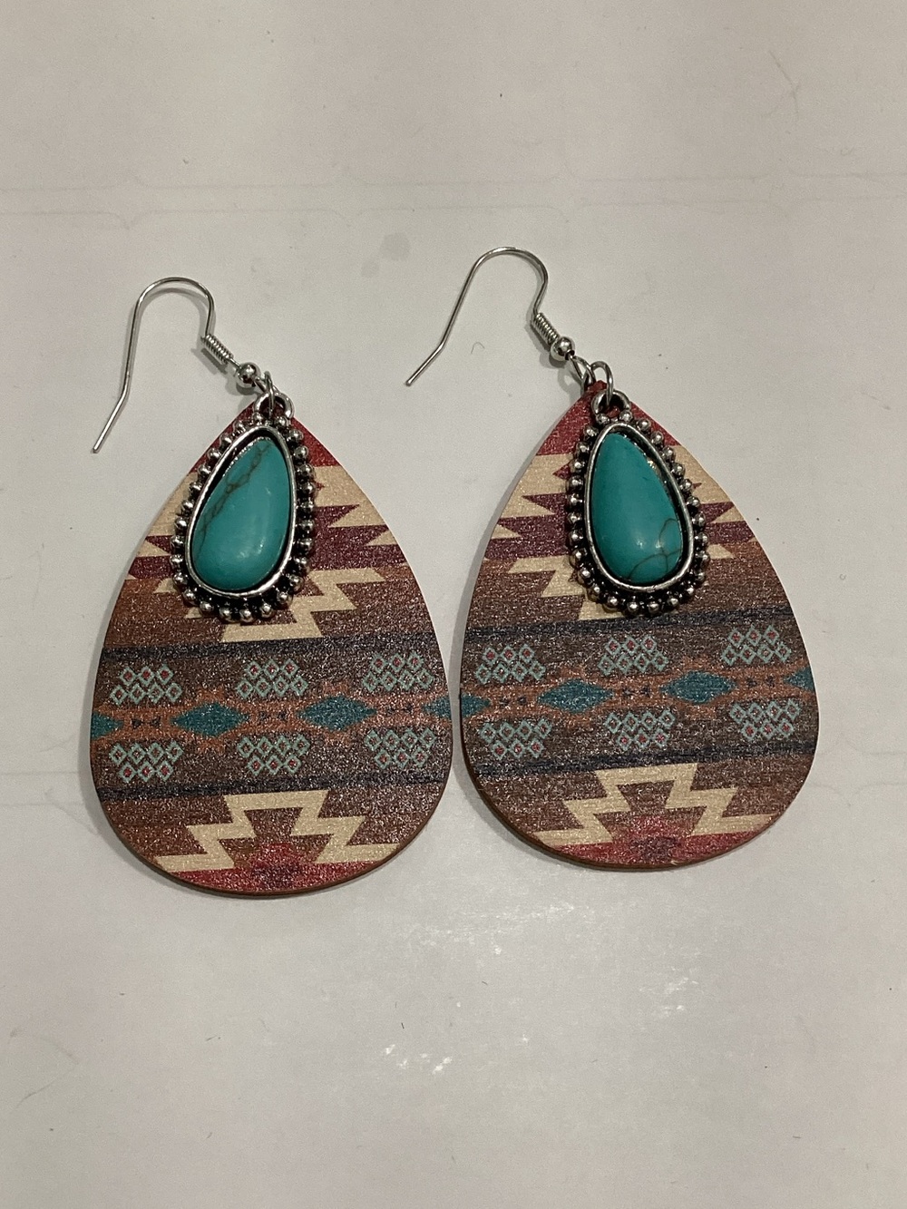 Turquoise‎ Teardrop Southwestern Pattern Earrings